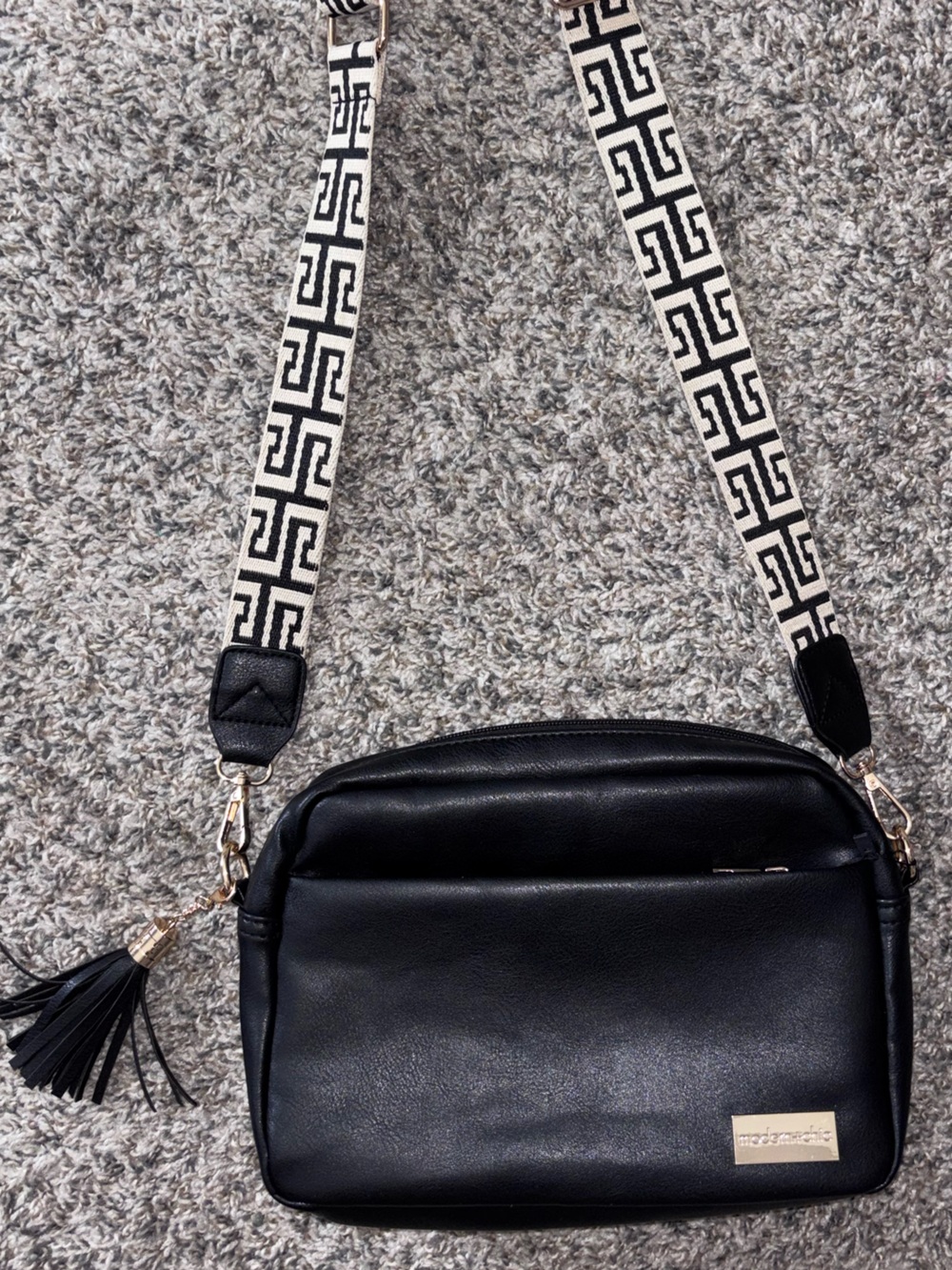 Black Crossbody Bag with Patterned Detachable Strap